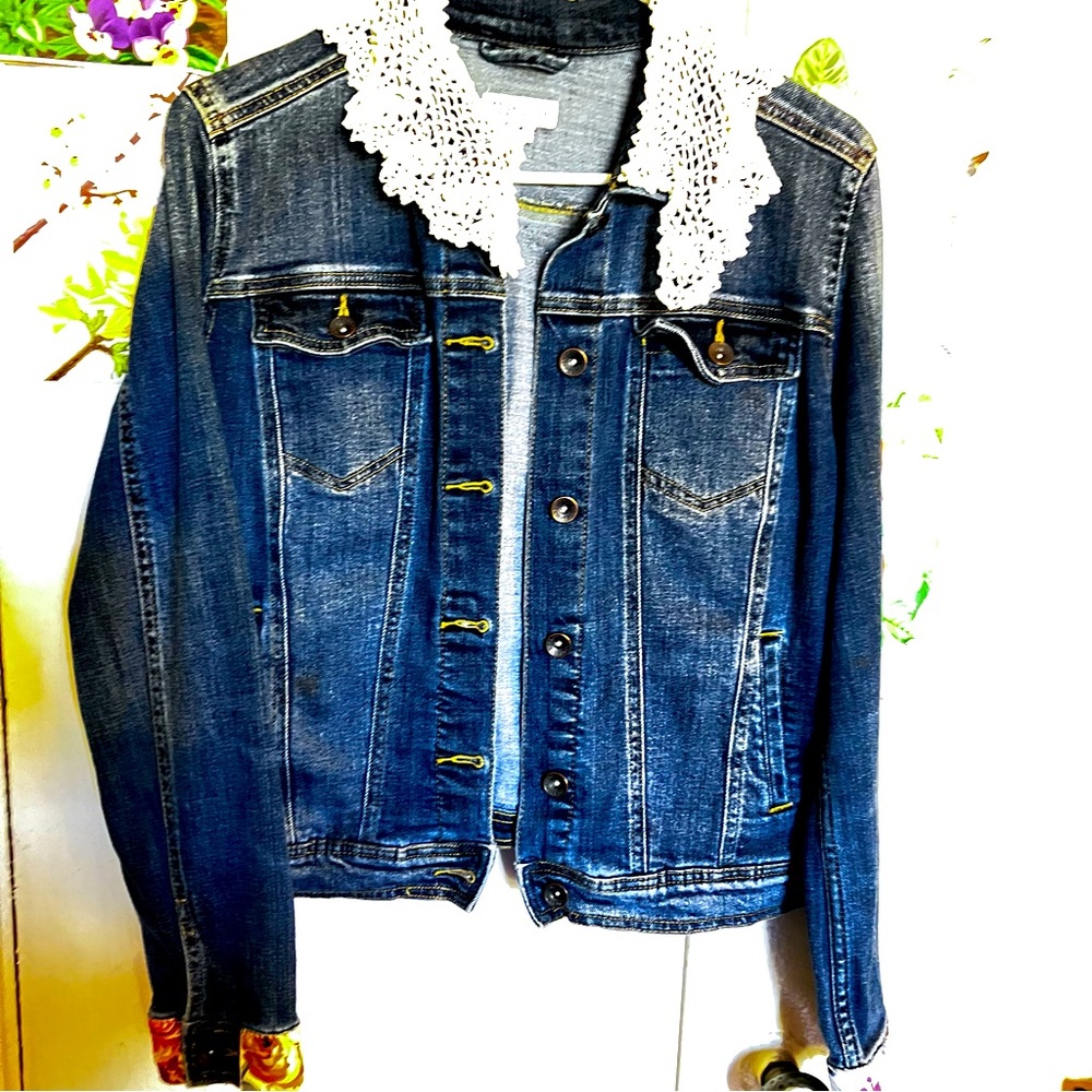 Merona Jean Jacket Customized with Lace vintage doily’s Size M